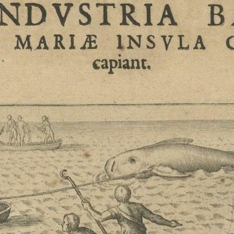 The Whale Harvest of St. Mary's Island - Copper Engraving by de Bry, 1601, close-up 5
