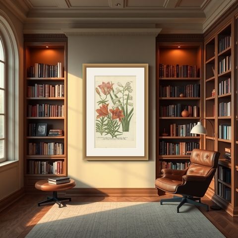Botanical Elegance: Antique Engravings from Johann Weinmann's Masterpiece, 1748, shown framed in a room