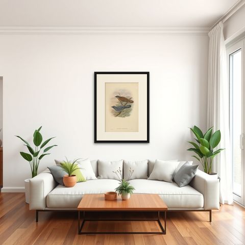 Antique Bird Print of the Grey-faced Cuckoo-Shrike by J. Gould, circa 1875, shown framed in a room