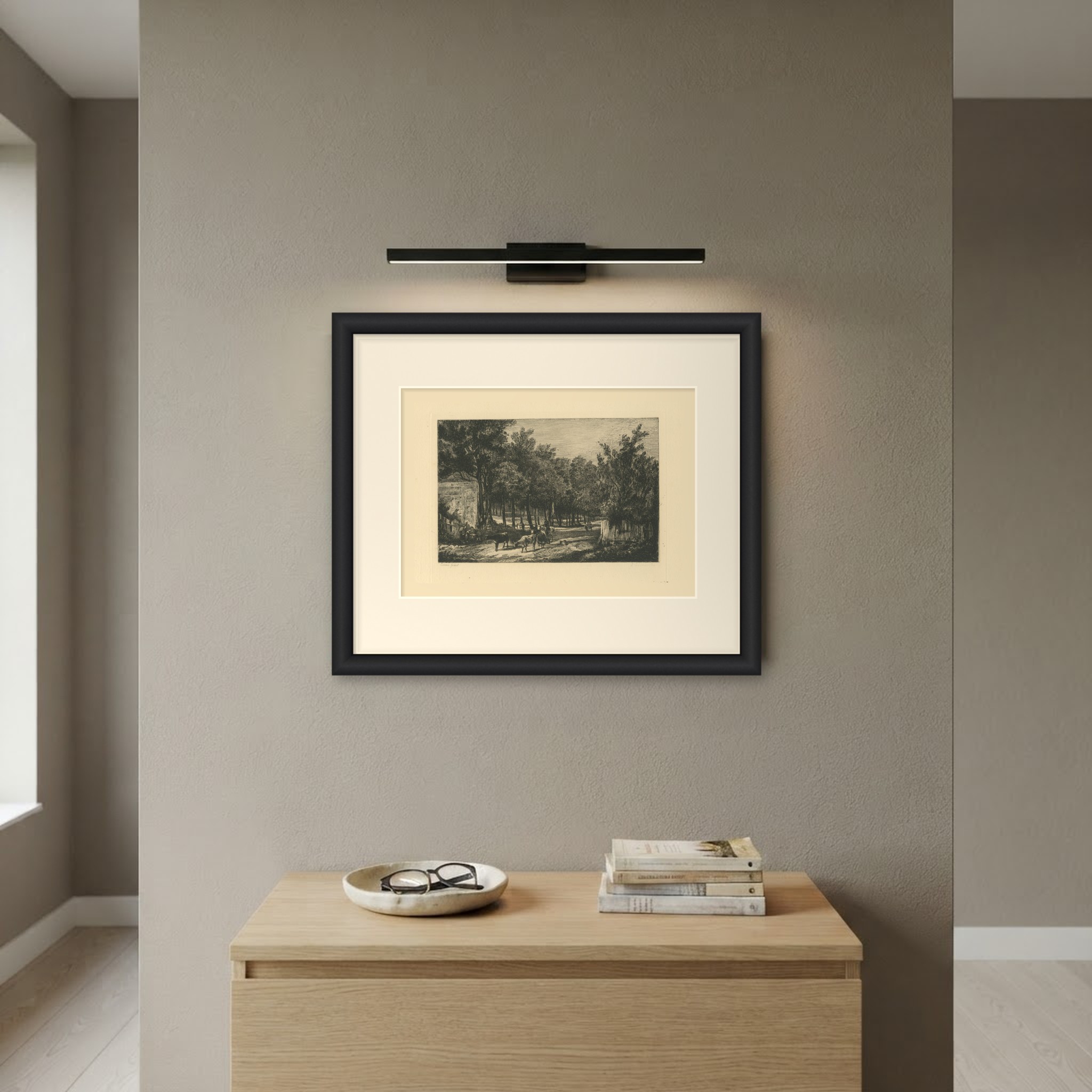 Lane with Cattle after John Crome, Antique Etching by Chattock, circa 1875, shown framed on a wall