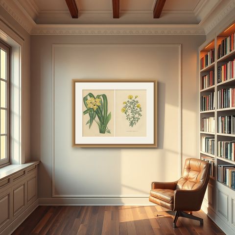 Set of 2 Antique Botany Prints, Dietes Bicolor Plant, Gompholobium '1846', shown framed in a room