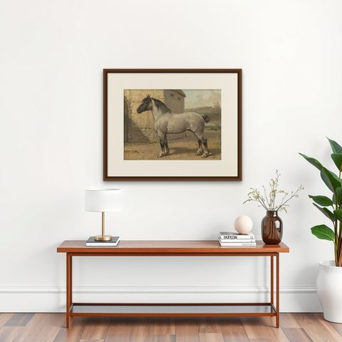 Antique Print of a Breton Horse by O. Eerelman, 1898, shown framed on a wall