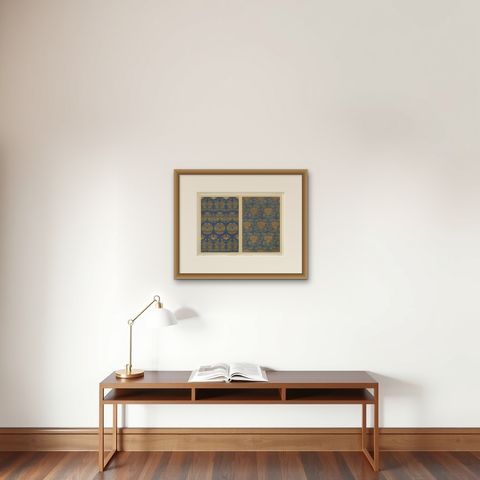 Japanese Chrysanthemum and Cloud Patterns: Antique Lithograph, 1880s, shown framed on a wall