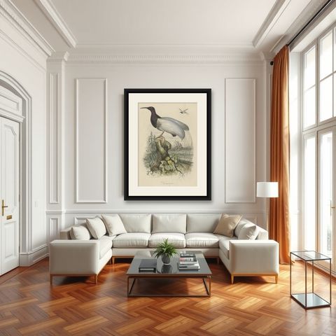 Antique Print of a Beautiful Handcolored Sugarbird, 1854, shown framed in a room