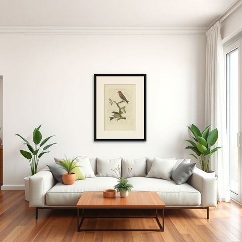 Antique Bird Print of the Crossbill by Sepp & Nozeman, 1797, shown framed in a room
