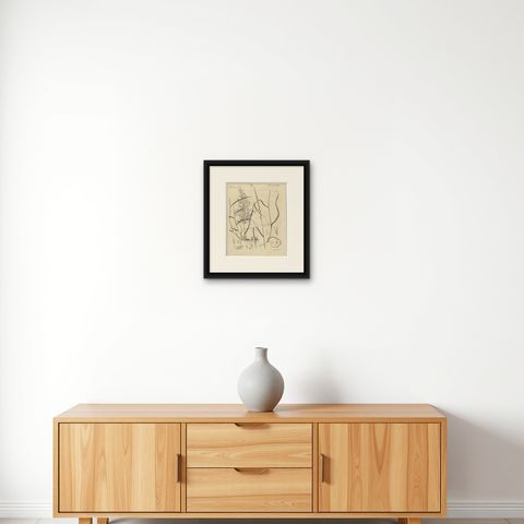 Two Grasses with Flower Details, Antique Bertuch Print, circa 1818, shown framed on a wall