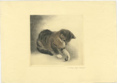 Kitten Playing with a Marble, Etching by Kurt Meyer-Eberhardt, 1977 Estate, view 2