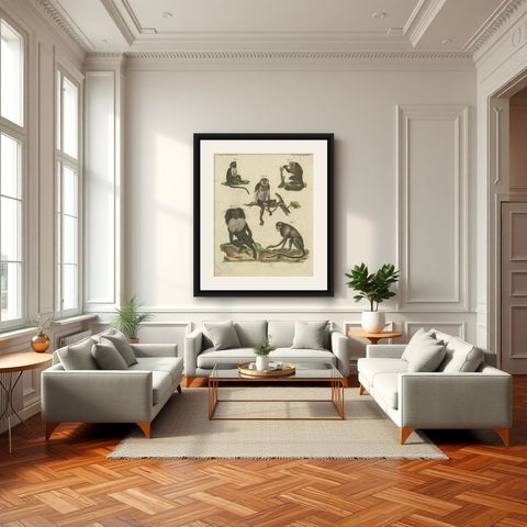Antique Animal Handcolored Engraving of Various Monkeys by Bertuch, circa 1800, shown framed in a room