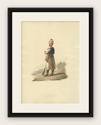 Antique Print of Janizary, Hand-Colored Aquatint, Turkey, 1818, shown framed