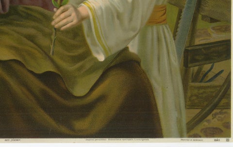 St Joseph and Child Jesus with Lily, Antique German Chromolithograph c.1900, close-up 4