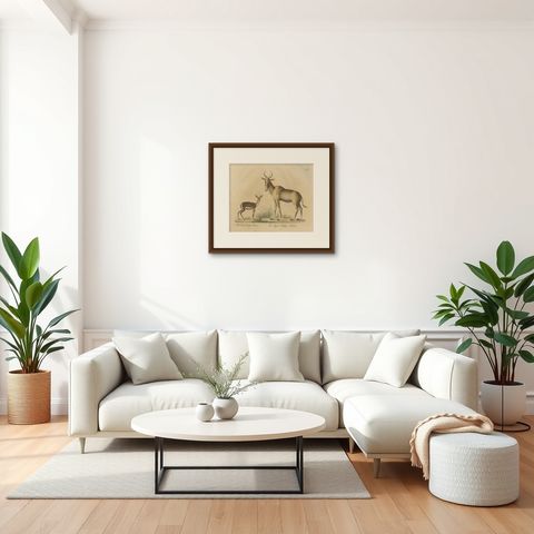 Antique Antelope Lithograph by Karl Joseph Brodtmann, 1816, shown framed in a room