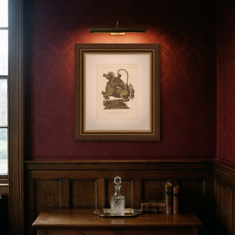 Lion and Horse Drinking Vessel after a Sixteenth Century Design, 1851, shown framed on a wall