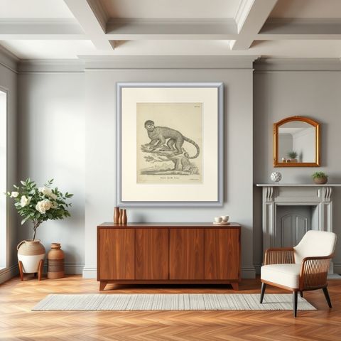 Antique Engraving of a Capuchin Monkey (Simia apella Linn.), A. Hoffer, ca.1800, shown framed in a room