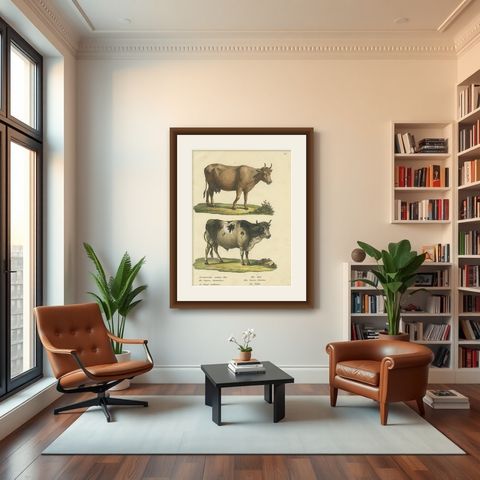 Antique Hand Colored Print of a European Bull and Cow, shown framed in a room