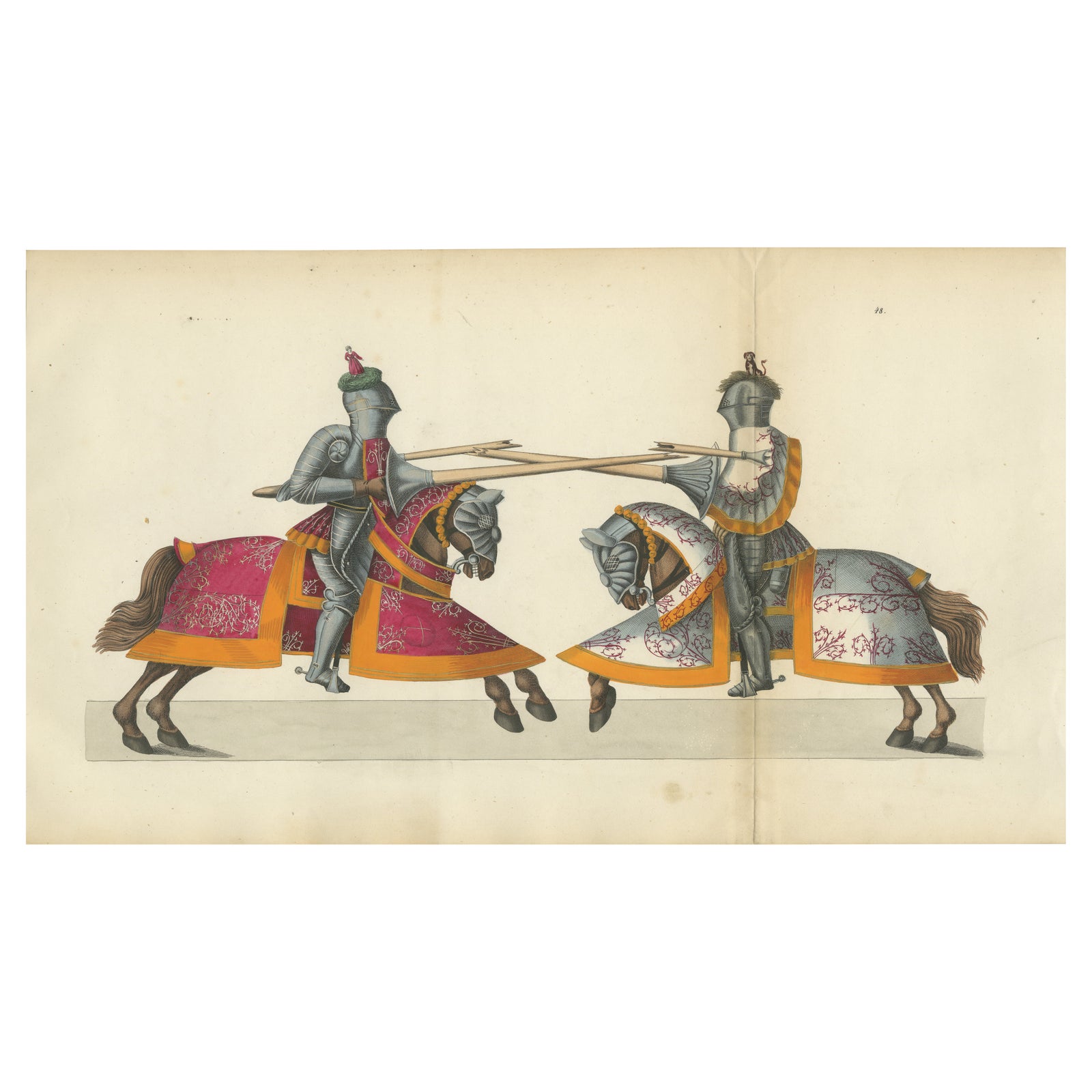 19th-Century Hand-Coloured Knightly Joust: Ornate Armor & Horses in Action
