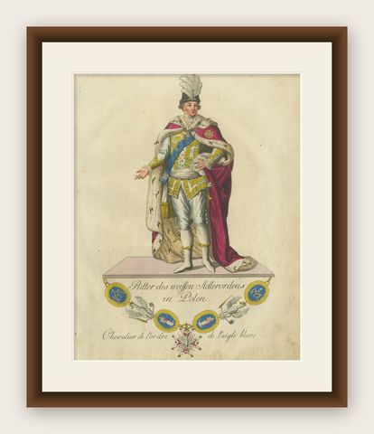 Knight of the White Eagle Order in Poland: Regal Hand-Colored Engraving, 1791, shown framed