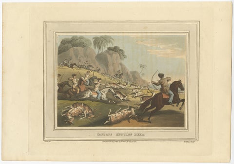 Decorative Hand-Colored Antique Print of Tartars Hunting Deer in Russia, 1813, view 2