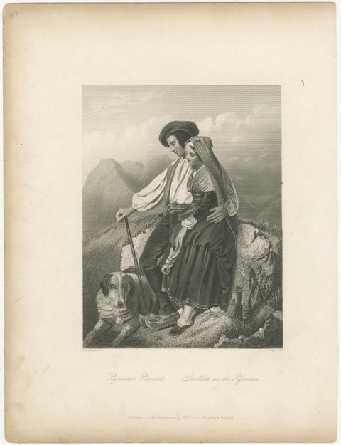 Pyrenean Peasant Couple with Dog, Romantic 19th C. Engraving c.1840, view 2