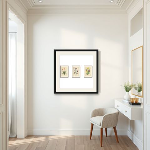 Antique Botanical Prints of Tillandsia and Irises, Set of Three, 1897, shown framed in a room