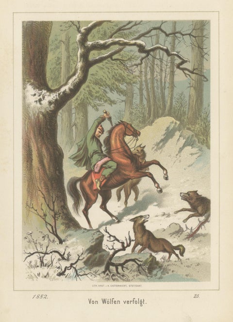 Antique Print of a Man on a Horse Chased by Wolves, view 3