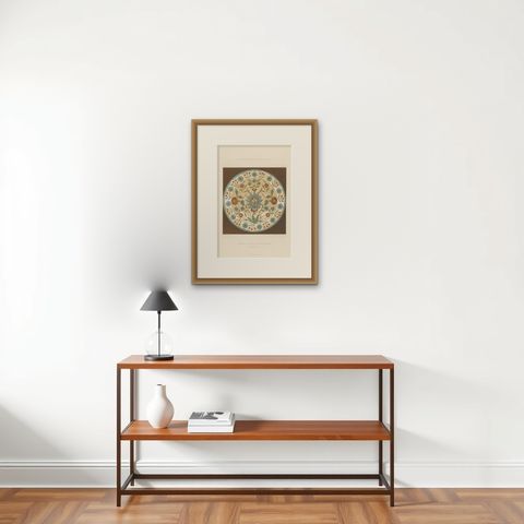 Persian-Turkish Faience Plate with Floral Medallion, J. Lessing, Berlin 1890, shown framed on a wall