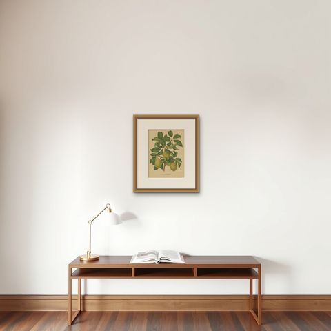 Antique Hand-Colored Flower Print of the Coe's Golden Drup Plum, 1879, shown framed on a wall