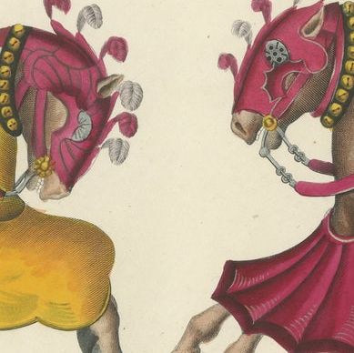 19th-Century Hand-Coloured Lithograph of Knightly Combat with Heraldic Horses, close-up 5