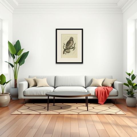 Antique Bird Print of a Male Strix Owl by Sepp & Nozeman, 1770, shown framed in a room