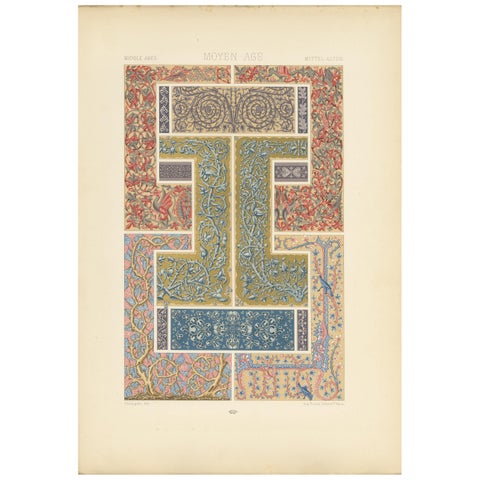 Pl. 57 Antique Print of Middle Ages Plant Motifs by Racinet, circa 1890