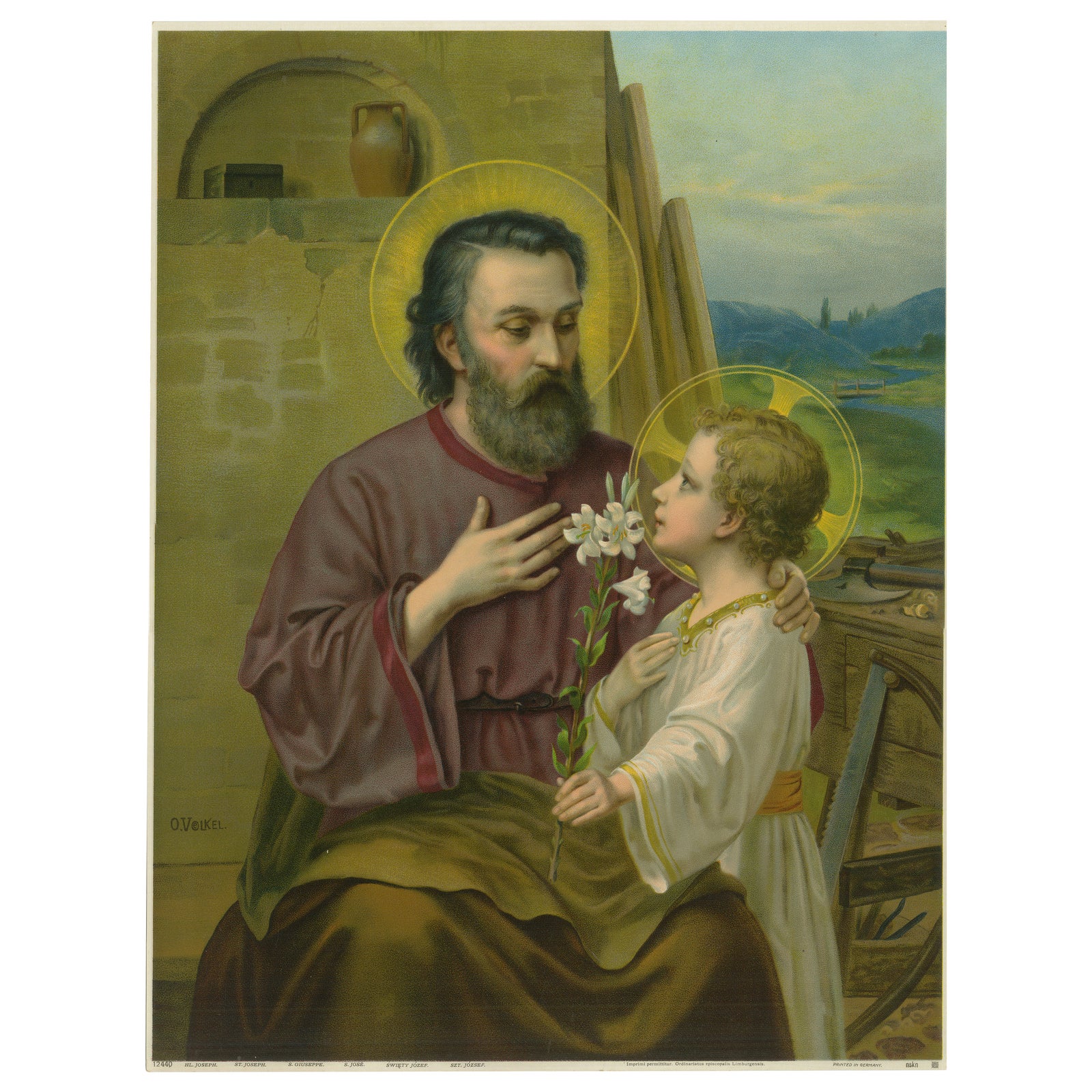 St Joseph and Child Jesus with Lily, Antique German Chromolithograph c.1900