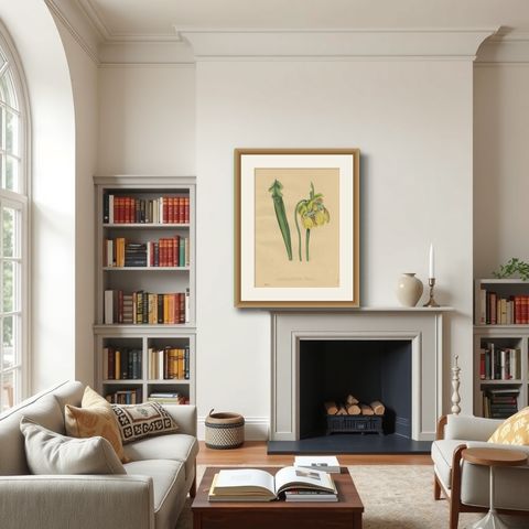 Antique Botanical Print of the Sarracenia Flava or Yellow Pitcherplant, shown framed in a room