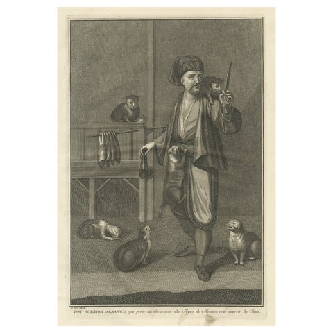 Antique Print of the Albanian Dgi-Guerdgi Feeding Sheep Liver to Cats, 1727
