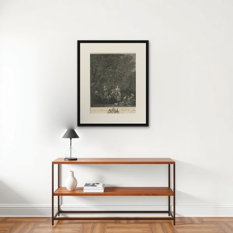 Antique Print of the Vegetable Market in Amsterdam by David, 1775, shown framed on a wall