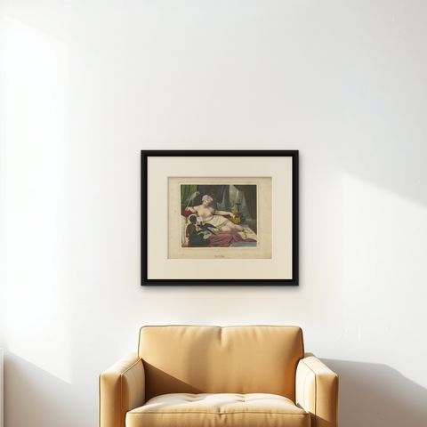 Orientalist Lithograph of Reclining Woman with Parrots, Ulrika, c.1840, Berlin, shown framed on a wall