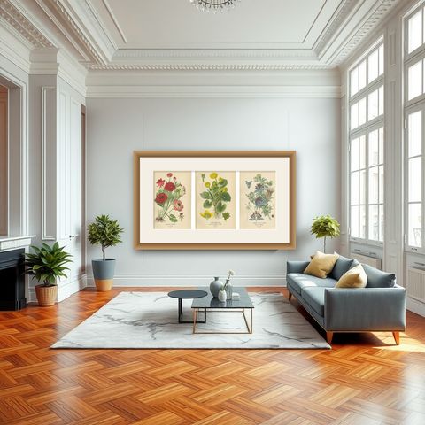Heritage Blossoms: A Victorian Botanical Selection, 1896, shown framed in a room