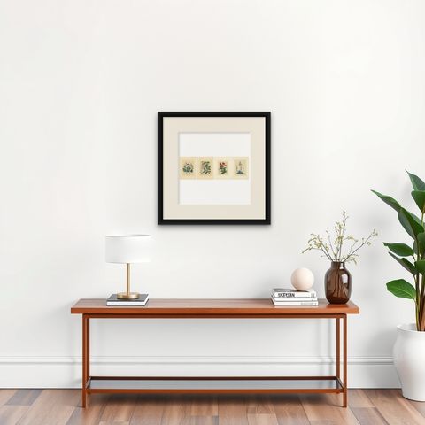 Set of Four Hand-Colored Botanical Prints from Book of Worlds, 1848, shown framed on a wall