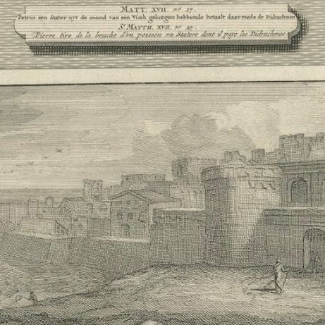 Religious Engravings, Peter’s Coin in Fish & Christ Foretells Passion, ca.1700, close-up 6