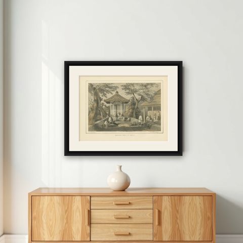Antique Print of the Mariners Temple in Shimoda by Hawks, 1856, shown framed on a wall