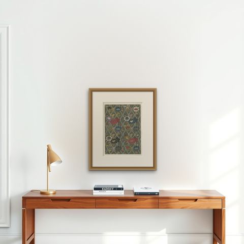 Japanese Floral Textile Pattern Print by G. A. Audsley, Paris, c. 1882, shown framed on a wall