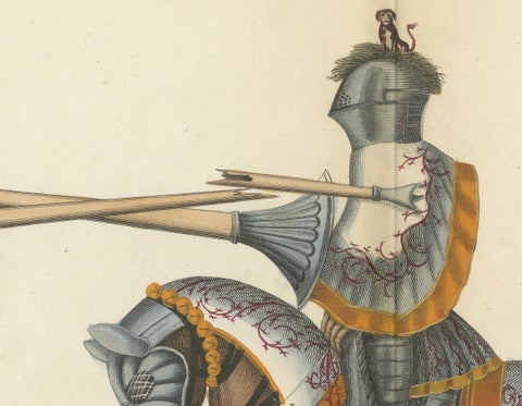 19th-Century Hand-Coloured Knightly Joust: Ornate Armor & Horses in Action, close-up 1