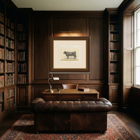 Gascon Cow, French Cattle Chromolithograph from Animaux de la Ferme, 1863, shown framed in a room