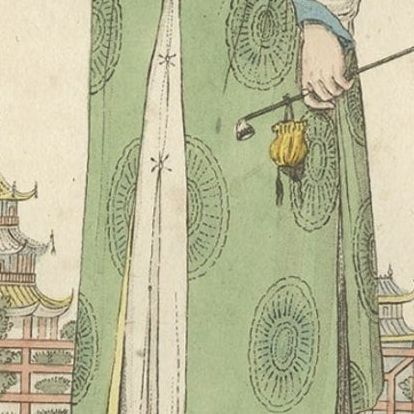 Old Print of a Chinese Lady Holding a Bird in Front of a Pagoda in China, c.1820, close-up 3