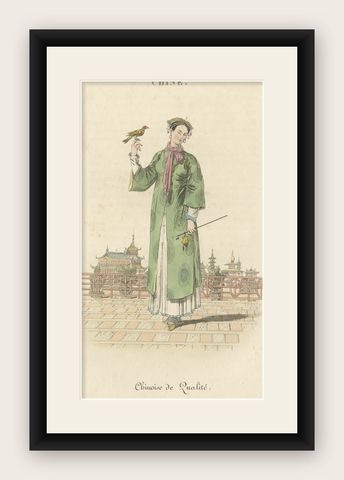 Old Print of a Chinese Lady Holding a Bird in Front of a Pagoda in China, c.1820, shown framed