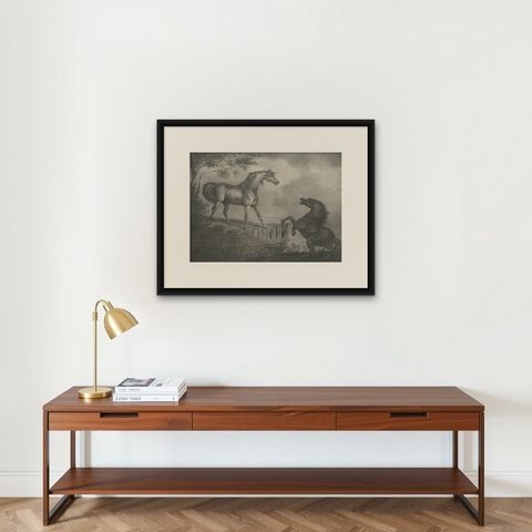 Original Antique Lithograph of a Horse Showing the Passion 'Courage', 1827, shown framed on a wall