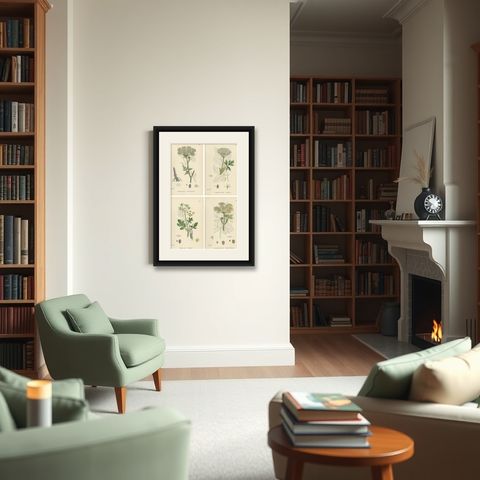 Four Antique English Botanical Herb Prints, Elegant Green Umbellifers, 1902, shown framed in a room