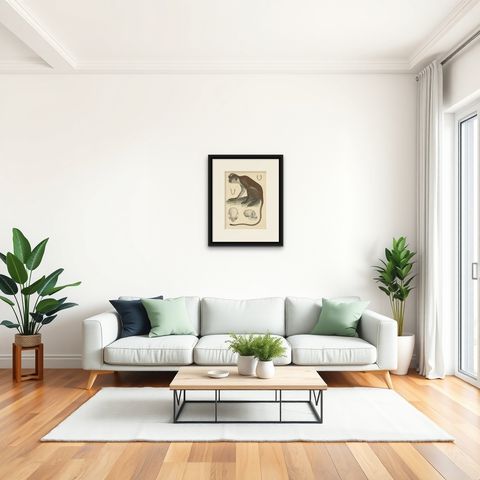 Rare Vintage Print: Olive Colobus Monkey - Natural History Art, circa 1853, shown framed in a room