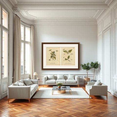 Antique Entomology Prints, English Insects on Hazel & Elm, Albin 1720, shown framed in a room