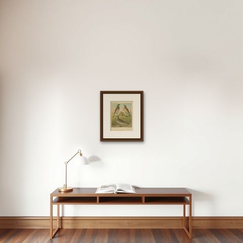 Antique Bird Print of the Tree Pipit, Skylark and Woodlark 'circa 1880', shown framed on a wall