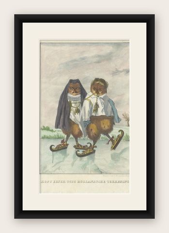 19th Century Hand-Colored Lithograph of Owls from an Old Dutch Drawing, 1860, shown framed