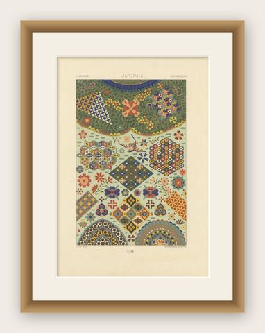 Japanese Ornament Print, Antique Lithograph of Geometric & Floral Patterns 1869, shown framed